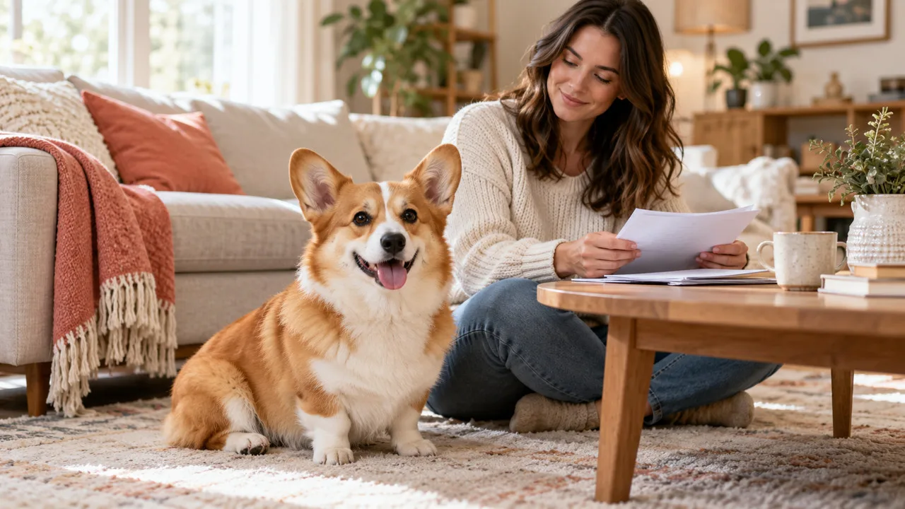 Owner reviewing a document at a table beside a dog